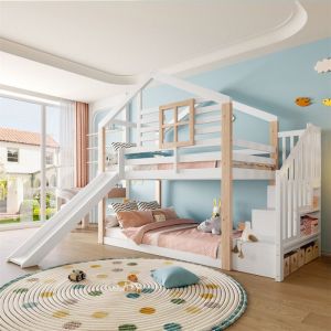 DRIPEX Lit superposé 90x200 cm pour enfants avec toboggan et escalier de style scandinaveLit baldaquin idéal pour frères et sœurs