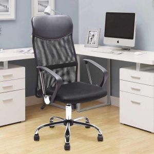 Fauteuil de Bureau &agrave; Dossier Haut Accoudoirs bimati&egrave;re Maille et Simili Cuir Noir Pied en m&eacute;tal chrom&eacute;