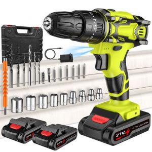 Perceuse Visseuse Sans Fil 21V Avec Fonction Percussion 29 Pi&egrave;ces Coffret Outils &Eacute;lectriques 2 Vitesses 42N.m 2 batteries