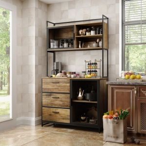 Buffet de cuisine avec plan de travailVitrine avec étagères2 portes en métal3 tiroirs100x40x175cmMarron&Noir
