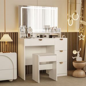 Coiffeuse avec Miroir et Tabouret 3 Modes LED USB Multiprise Prise de courant et support pour sèche-cheveux 90 x 40 x 140 cm