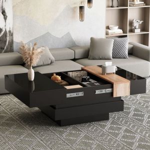 Table Basse Carr&eacute;e Table Basse Extensible avec Rangement Cach&eacute; Plateau en Verre Tremp&eacute; Table dappoint de Salon 70x70x39 cm