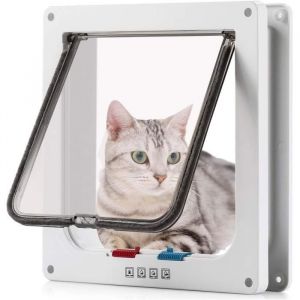Porte de Chat，Chati&egrave;re pour Chat avec Tunnel Cache D&eacute;coupe avec Chati&egrave;res pour Cat Mate Verrouillable -7 x 7.6 inch -Blanc