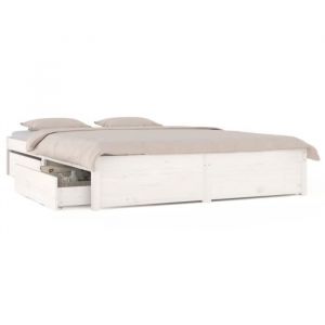 Cadre de lit - GAROSA - 140x190 cm - Bois de pin massif - Avec tiroirs - Blanc