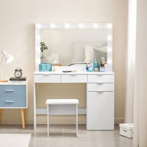 TUKAILAi Ensemble de coiffeuse blanche de grande taille avec lumières LED Hollywood miroir et tabouret rembourré