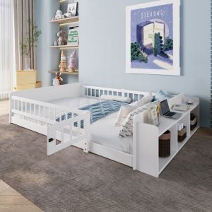 Lit coffre - TKOPY - Lit adulte double 140x190 cm avec étagères - Lit en bois avec rangement - Bois de pin - Blanc