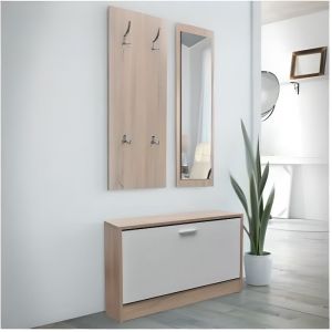 Meuble dEntrée - Range-chaussures Porte-manteau et Miroir - Aspect chêne et blanc