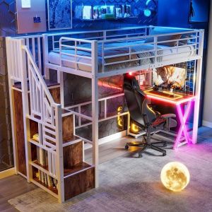Lit Mezzanine 90x200cm 1 Place avec lumière dambiance avec Bureau et Armoire Ouverte pour Enfant Adolescent Blanc