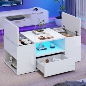 KoDise Table basse blanche avec 1 tiroir et espace de rangement &eacute;clairage LED - 100 x 50 x 40 cm