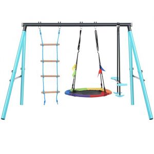 Balançoire pour enfants aire de jeux dextérieur avec échelle et filet balançoire adaptée aux enfants de 3 à 8 ans - bleu