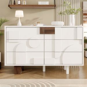 Buffet bahut Meuble de rangement avec 6 tiroirs Design géométrique Blanc Commode moderne de salon/salle à manger Bois massif
