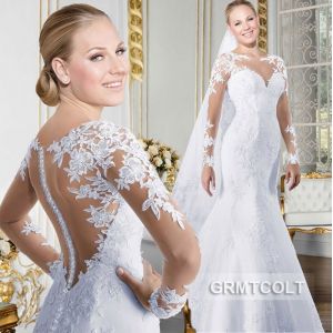 GRMTCOLT® Luxe Sirène Dentelle Manches Longues Chérie Illusion Dos Nu Ivoire Blanc Robe De Mariée Train De Balayage