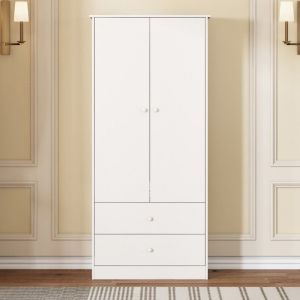 Armoire 2 Portes 2 Tiroirs - Tringle Intégrée - Pour Chambre&salon&couloir - Aggloméré Blanc - Rangement Pratique L120xP50xH180cm