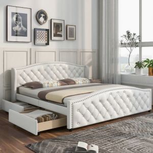 Lit coffre double capitonné 180x200cm avec 2 tiroirsavec sommier à lattes et tête de lit blanc