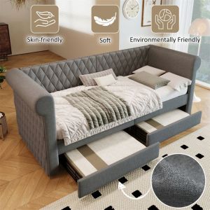 Lit Banquette avec 2 Tiroir Lit 1 Place 90 x 200 avec Sommier &agrave; Lattes en Bois Rangement T&ecirc;te de Lit Vintage Lin Gris