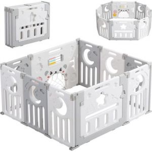 Parc b&eacute;b&eacute; Plastique Pliable 10 panneaux(8+2) Barri&egrave;re de S&eacute;curit&eacute; pour EnfantsB&eacute;b&eacute; Centre dActivit&eacute;sGris et Blanc