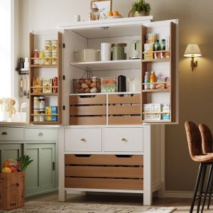 Buffet Cuisine 80x40x140 cm Blanc 5 Tiroirs 2 Portes Meuble Rangement Haut Multifonctionnel