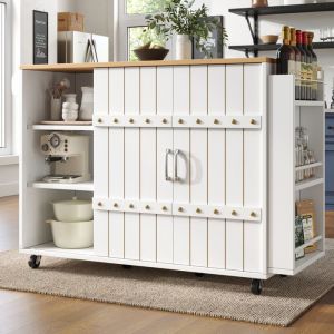 Desserte Cuisine Blanc Moderne - Plateau Pliable (42-70cm) Portes Coulissantes & 3 Tiroirs  Idéal Petite Cuisine