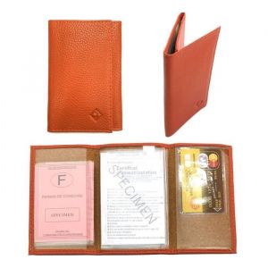 LOLUNA® Etui carte grise permis identité assurance - Porte papier voiture cuir grainé souple - 3 volets compact - Orange