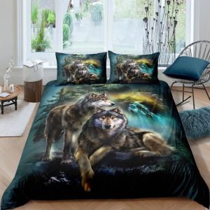 Couple de loup dans la forêt Parure de lit 3 pieces 1 housse de couette 220*240cm et 2 taies doreillers 63*63cm