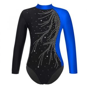 iixpin Enfant Fille Justaucorps Gymnastique Strass Manches Longues Leotard Gym Patinage Tenue 5-16 Ans Bleu foncé