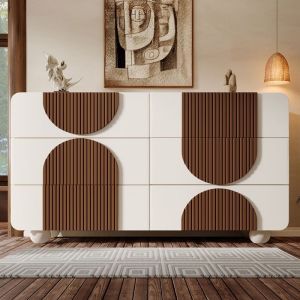 Buffet &eacute;l&eacute;gant en Blanc avec Bandes de Bois Couleur Chocolat Commode &agrave; 6 Tiroirs et Design Incurv&eacute;Meuble de Rangement121x71x41cm
