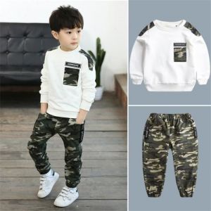 Ensemble de vêtements pour garçons de Sport adolescents survêtement de Camouflage dautomne hauts et pantalons 2 pièces Blanc