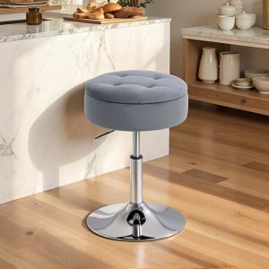 Tabouret de bar chaise de bar avec rangement et base en m&eacute;tal assise velours capitonn&eacute; 39 x 39 x 49-65 cm gris
