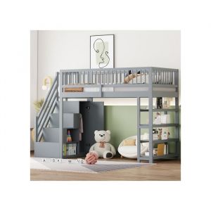 Lit mezzanine - 90x200 - Bois massif gris - &Eacute;tag&egrave;res et penderie - Capacit&eacute; 120 kg