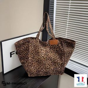 Sac Cabas Bandoulière Femme    Grande Capacité Fourre-tout Polyvalent   Tote Bag Tissu Vintage Motif Léopard
