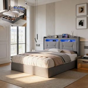 Lit coffre 140 x 190 cm Lit adulte double 140x190 cm avec LED et USB Lit Hydraulique avec rangement et sommier Lin Gris clair