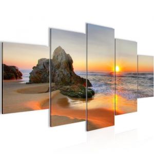 Tableau Décoration Murale 200x100 cm Runa art 609551a Plage Levé du Soleil - 5 Panneaux Deco Toile Prêt à Accrocher - Orange