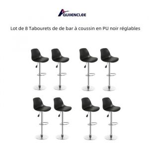 QUIIENCLEE Lot de 8 Tabourets de de bar à coussin en PU noir réglables en Hauteur 43 x 38 x 83-103 cm