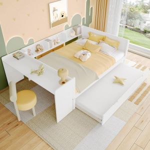 Lit Combine 140x200 cm Lit plat en bois avec bureau et lit Gigogne Blanc