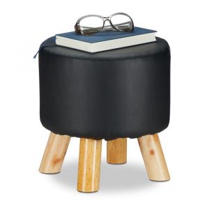 Tabouret rond en simili cuir Relaxdays pieds bois de pin 30 x 30 cm pouf rembourr&eacute; noir