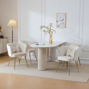 Chaise velours Ensemble de 4 chaises de salon avec dossier en forme de pétale pieds en métal doré et coussins papillon Beige