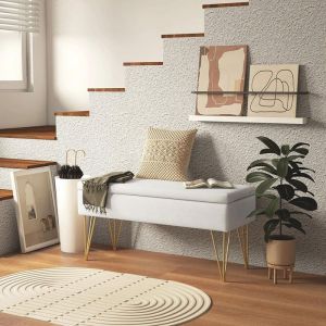 Bout De Lit Banc Banquette Coffre rangement 2 en 1 100x40x49 cm tissu Cr&egrave;me pieds acier dor&eacute;