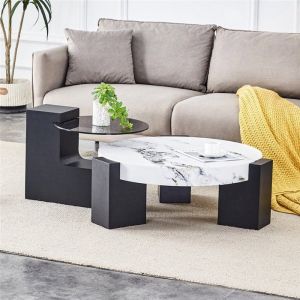 Table Basse&nbsp;Gigogne Ronde Moderne Double Plateau Scandinave Coffee Table Effet Marbre / Verre Plateau 61x30/44x44 cm Noire Blanc