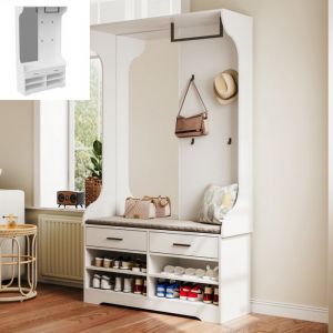 Meuble d’entrée vestiaire Armoire à chaussures ouverte et miroir 4 crochets 1 tringle à vêtements 2 tiroirs 104×35×180cm