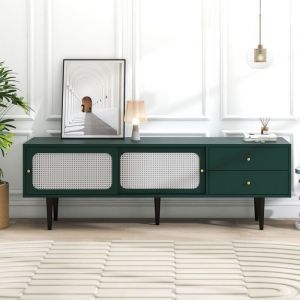 Meuble TV  Vert Buffet Bas Salon 2 Tiroirs/2 Niches Portes Rotin Style Contemporain 160x40x60cm