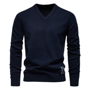 Pull HommePull Homme Col V en Maille Fine de CotonPull Col V Homme &agrave; Manches Longues Coupe Classique-Bleu Marine