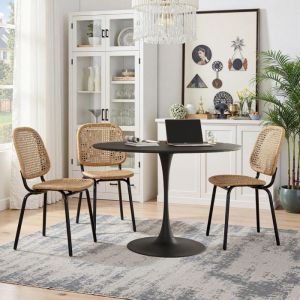 Table &agrave; manger ronde 120 cm quatre plateaux patchwork avec plateau en bois massif noir pi&egrave;tement en m&eacute;tal Table basse ronde