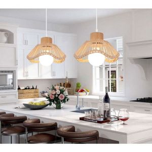 iDEGU 2pcs Suspension Luminaire IndustrielLustre Vintage Abat-jour en Bambou Rotin Lampe de Plafond Style Bohème pour Salon