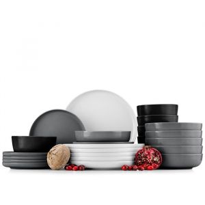 KONSIMO Service de table complet VICTO set de vaisselle (24 pièces) pour 6 personnes faïence  gris noir blanc mat