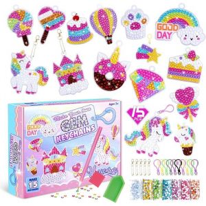 5D Diamant Peinture Porte-cl&eacute;s 15pcs DIY Diamond Painting Porte-cl&eacute;s Ornements Licorne Keychains Pendentif pour Enfants Cadeau