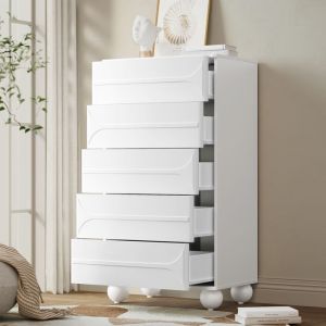 Commode à 5 tiroirs 60 x 40 x 109cm Commode blanche bois Meuble de rangement avec pieds en métal pour chambre salon