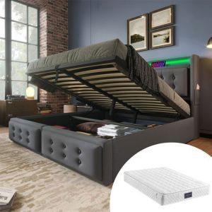 Lit Coffre 140x200 avec Sommier et Matelas Lit 2 Personnes avec Rangement Lit Capitonn&eacute; LED Adulte Prise USB Coton Lin Gris