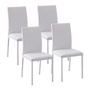 Lot De 4 Chaises De Salle À Manger En Simili Cuir Dossier Confortable Avec Repose-Pieds Structure Métal Blanc 41x50x91 Cm
