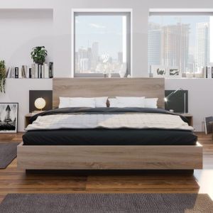 Lit double bois massif 160 x 200 cm avec 2 tables de chevet Lit adulte moderne avec tête de lit à sommier à latteschêne Sonoma