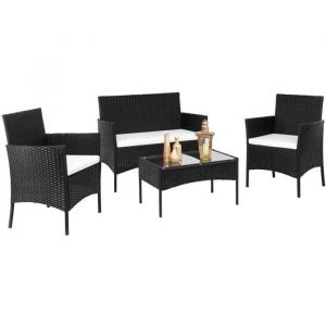 Salon Bas de Jardin en R&eacute;sine Rotin 1 Canap&eacute; + 2 Fauteuil + 1 Table Basse - 4 Places - Noir